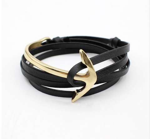 Fashion Jewelry PU Leather Men/Women Half Bend Anchor Bracelet