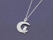 Silver Cat on the Crescent Moon Pendant Necklace