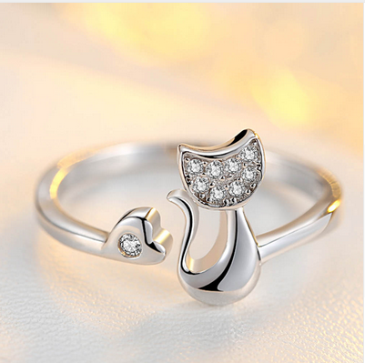 Delicate Rose Gold & Silver Tone Cat Shape Clear Crystal Ring