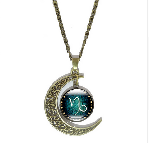 12 Constellation Glass Bronze Crescent Moon Necklace Offer