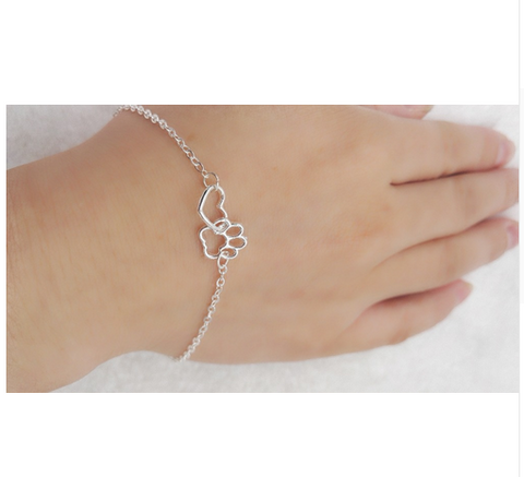 Silver Plated Lovely Paw Dog and Heart Bracelet