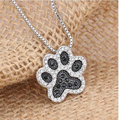 Silver Plated Black and White Crystal Rhinestone Dog Paw Necklace