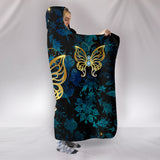 Butterflies in Blue Damask Hooded Blanket