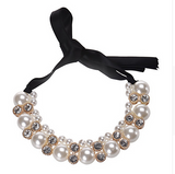 Double Row Adjustable Band Ribbon Beads Rhinestone Necklace Imitation Pearl Chokers Offer