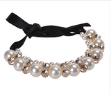 Double Row Adjustable Band Ribbon Beads Rhinestone Necklace Imitation Pearl Chokers Offer