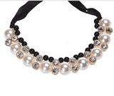 Double Row Adjustable Band Ribbon Beads Rhinestone Necklace Imitation Pearl Chokers Offer