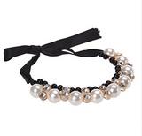 Double Row Adjustable Band Ribbon Beads Rhinestone Necklace Imitation Pearl Chokers Offer