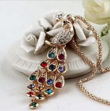 Super Dazzling Gold Plated Rhinestone Colorful Peacock Long Necklace Offer