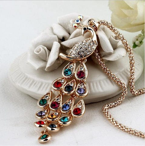 Super Dazzling Gold Plated Rhinestone Colorful Peacock Long Necklace Offer