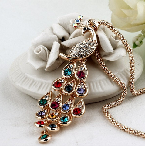 Super Dazzling Gold Plated Rhinestone Colorful Peacock Long Necklace