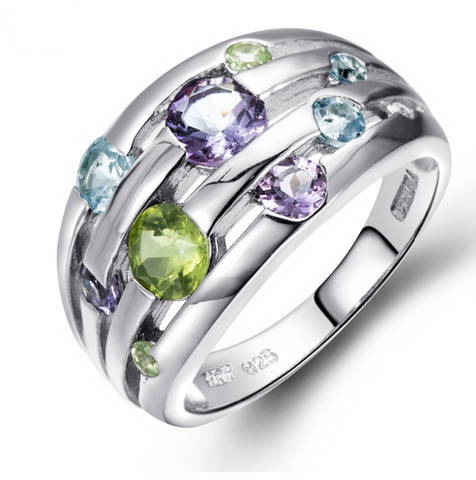 Natural Peridot Amethyst Blue Topaz Solid 925 Sterling Silver Ring