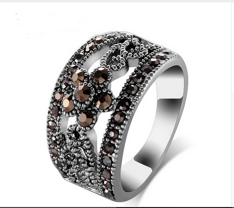 Silver Plated Black CZ Flower Vintage Retro Ring for Women