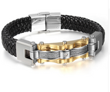 Leather Silver&Gold Plated Men Bracelet