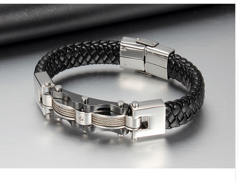 Leather Silver&Gold Plated Men Bracelet