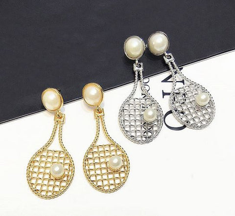 Simulated Pearl Tennis Racket Women's Earrings